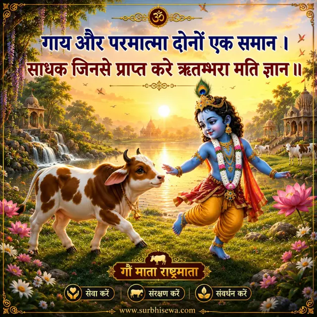 नदी किनारे बाल कृष्ण और बछड़ा: गाय और परमात्मा दोनों एक समान।