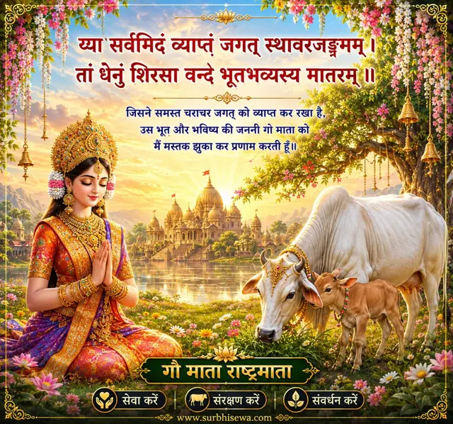 गाय और बछड़े के सामने हाथ जोड़े बैठी देवी: तां धेनुं शिरसा वन्दे भूतभव्यस्य मातरम्।
