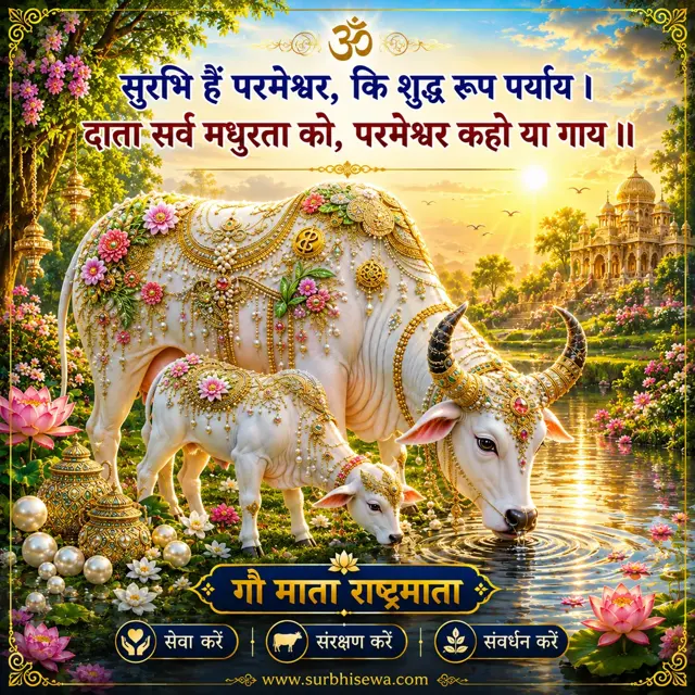 आभूषणों से सजी गाय और बछड़ा जल पीते हुए: सुरभि हैं परमेश्वर, कि शुद्ध रूप पर्याय।