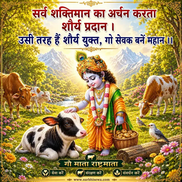बछड़े के सिर पर हाथ रखे बाल कृष्ण: सर्व शक्तिमान का अर्चन करता शौर्य प्रदान।