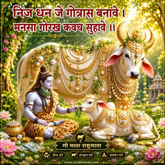 सजी गाय और बछड़े को घास खिलाते भगवान शिव: निज धन जे गोत्रास बनावे।