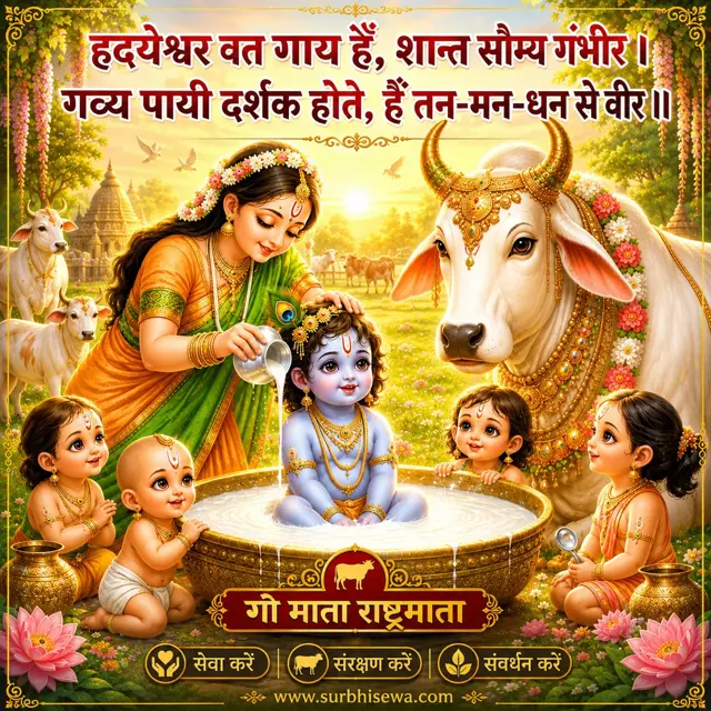 दूध से बाल कृष्ण को नहलाती माता, पास में गाय: हदयेश्वर वत गाय हैं, शान्त सौम्य गंभीर।