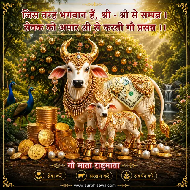 सोने के सिक्कों के पास सजी गाय और बछड़ा: जिस तरह भगवान हैं, श्री - श्री से सम्पन्न।