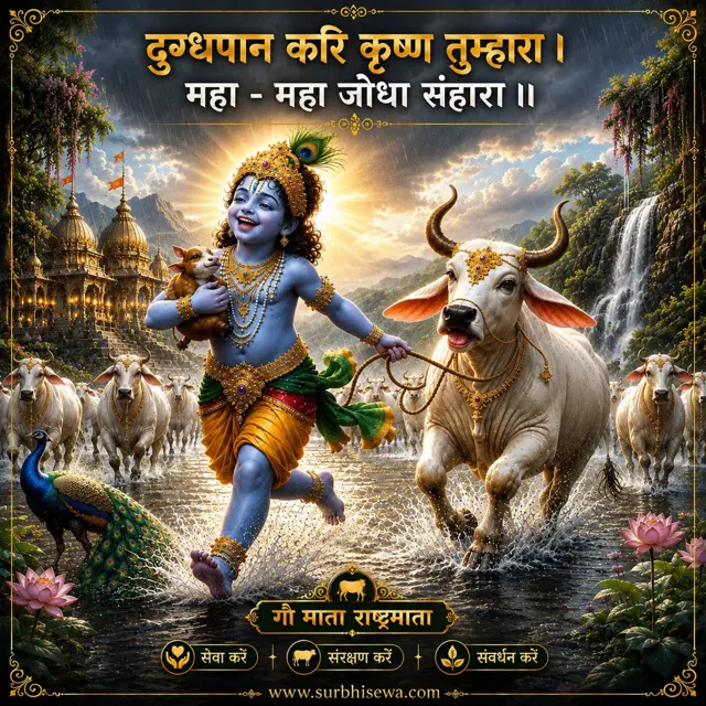 बछड़ा गोद में लिए गाय के साथ दौड़ते बाल कृष्ण: दुग्धपान करि कृष्ण तुम्हारा।