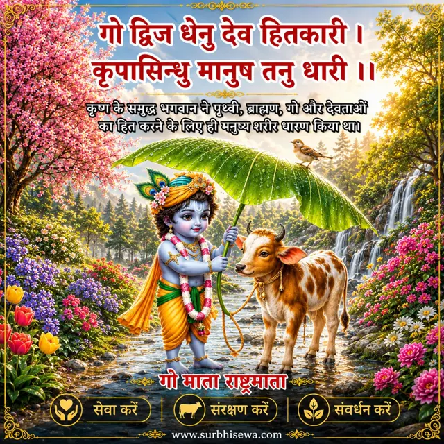 पत्ते की छतरी थामे बाल कृष्ण और बछड़ा: गो द्विज धेनु देव हितकारी।