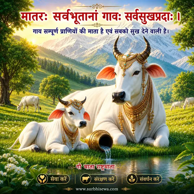 पहाड़ों के बीच घास पर बैठी गाय और बछड़ा: मातरः सर्वभूतानां गावः सर्वसुखप्रदाः।