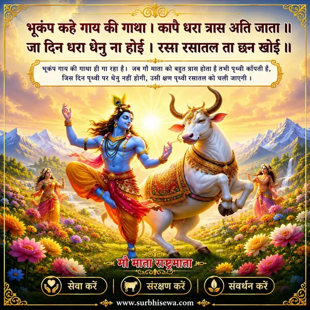 फूलों के मैदान में गाय के साथ नृत्य करते श्रीकृष्ण: भूकंप कहे गाय की गाथा।