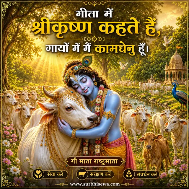 गायों के झुंड में गाय को गले लगाते श्रीकृष्ण: गीता में श्रीकृष्ण कहते हैं, गायों में मैं कामधेनु हूँ।