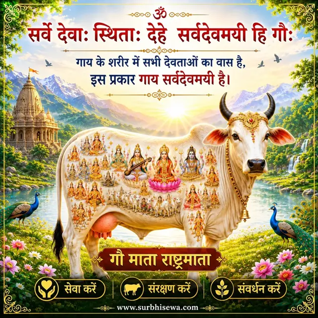 शरीर पर देवी देवताओं के चित्र वाली गाय: सर्वे देवाः स्थिताः देहे सर्वदेवमयी हि गौः।