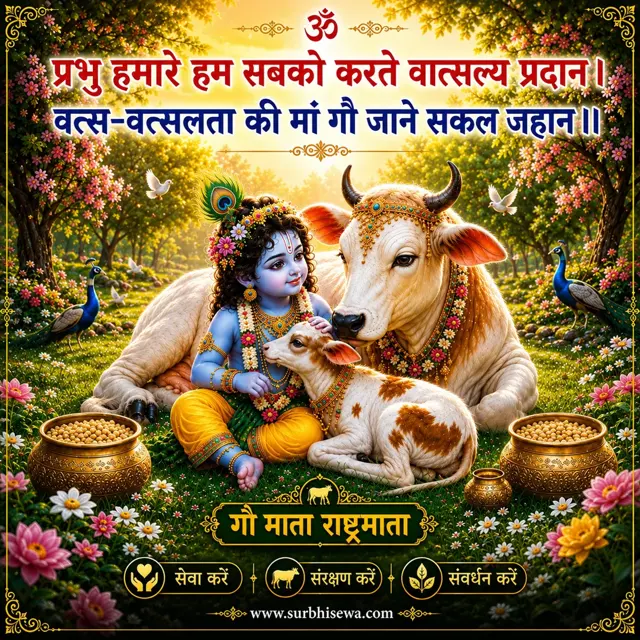 गाय और बछड़े के साथ बैठे बाल कृष्ण: प्रभु हमारे हम सबको करते वात्सल्य प्रदान।
