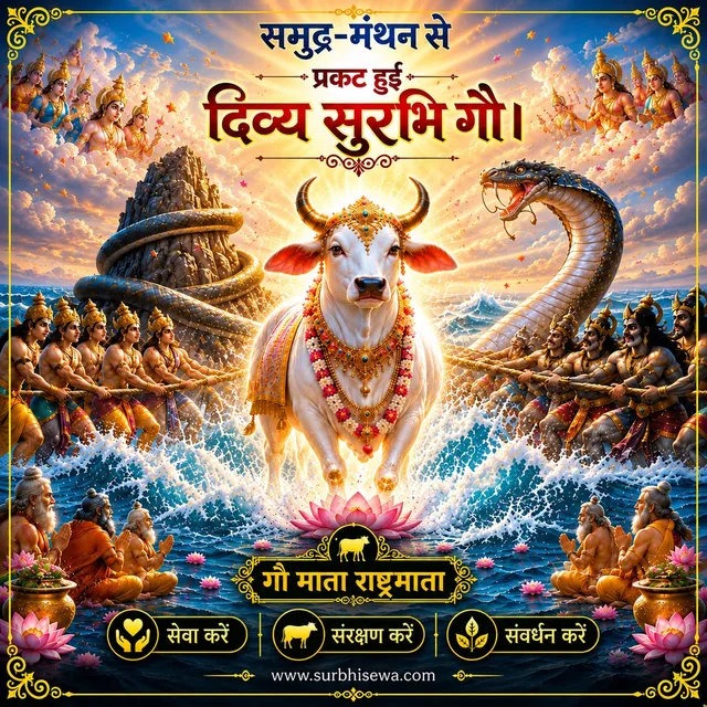 समुद्र मंथन की लहरों से प्रकट होती गाय: समुद्र-मंथन से प्रकट हुई दिव्य सुरभि गो।