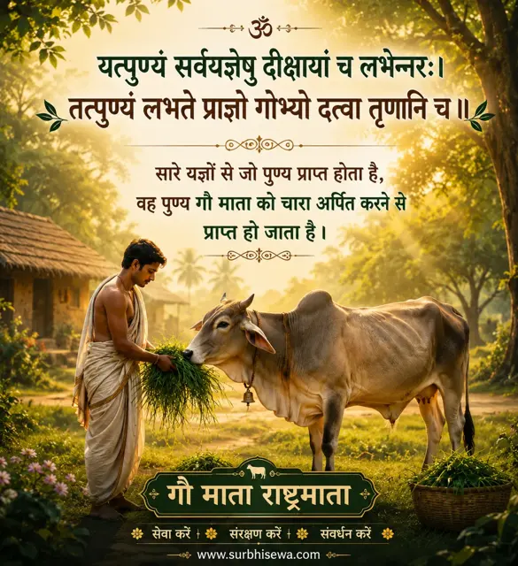 गाँव में गाय को हरी घास खिलाता व्यक्ति: यत्पुण्यं सर्वयज्ञेषु दीक्षायां च लभेन्नरः।
